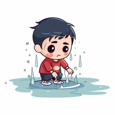 Cute little boy playing with water in the rain.