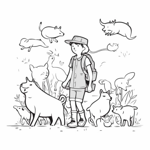 Illustration of a boy in a hat with a backpack standing next to