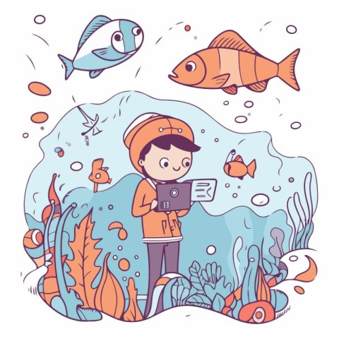 Cute little boy in a coral reef. Vector cartoon illustration.