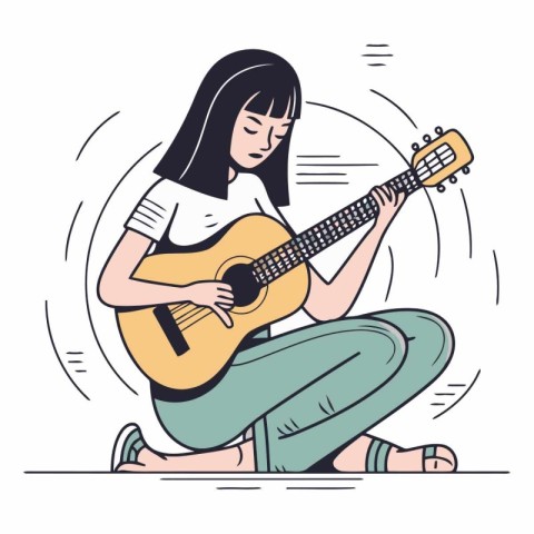 Girl playing guitar in line art style on white background.