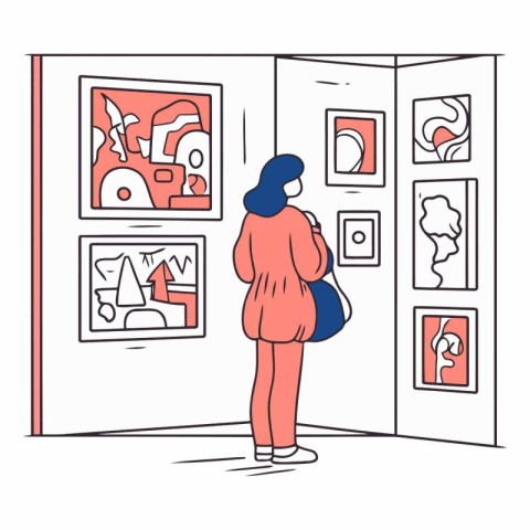 Woman looking at artworks in art gallery. Hand drawn vector illu