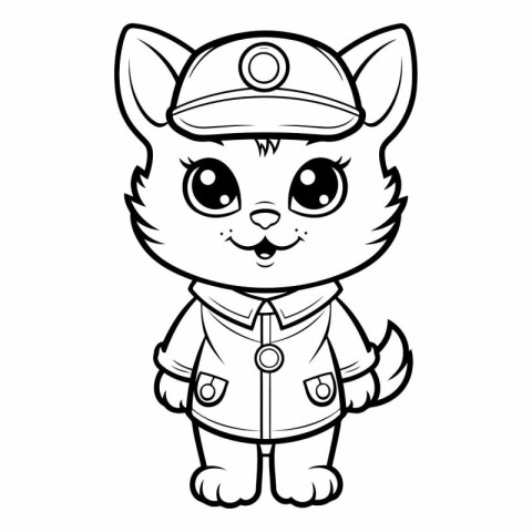 Black and White Cartoon Illustration of Cute Cat Captain Charact