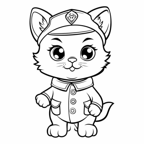 Black and White Cartoon Illustration of Cute Cat Captain Charact