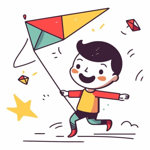 Cute little boy playing with kite in cartoon style.