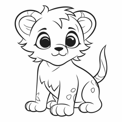 Cute cartoon baby lion. Black and white vector illustration for