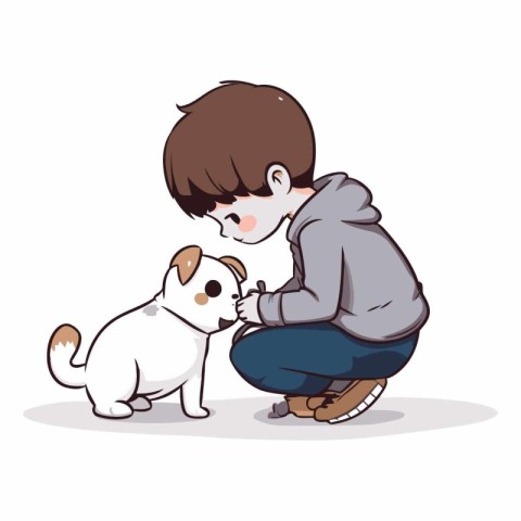 Boy playing with a dog on a white background.