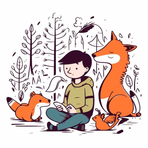 Boy and fox in the forest in cartoon style.