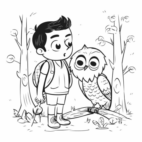 Boy and owl in the forest for coloring book.