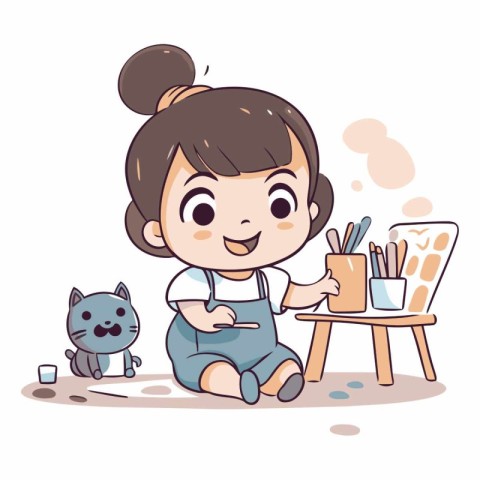 Illustration of little girl painting with her cat.