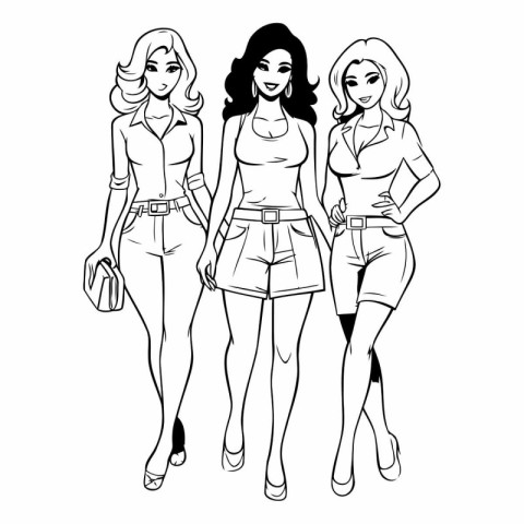 Fashion girls in sketch-style on white background.