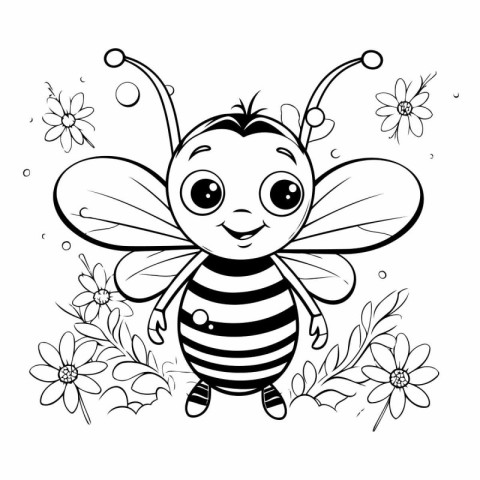 Black and white vector illustration of cute cartoon bee. Colorin