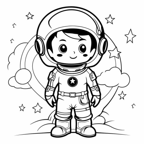 Black and White Cartoon Illustration of Astronaut Boy Character