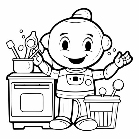 Black and White Cartoon Illustration of Cute Little Baby Boy Pla