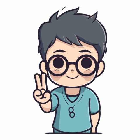 Cute little boy wearing glasses and showing peace sign.