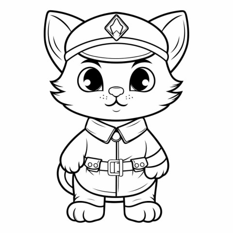 Black and White Cartoon Illustration of Cute Cat Police Officer