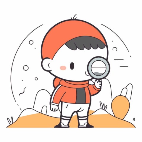 Cute little boy exploring nature with magnifying glass.