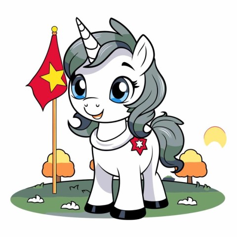 Cute unicorn with red flag in the field.