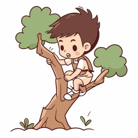 Boy climbing a tree on white background in cartoon style.