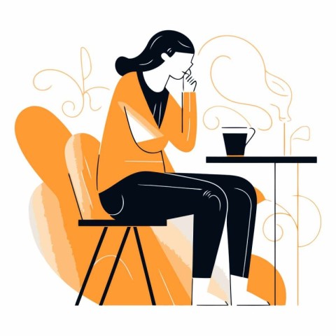 Vector illustration of a woman sitting in a cafe and drinking co