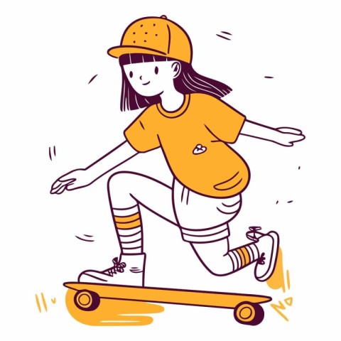 Girl riding skateboard in doodle style.