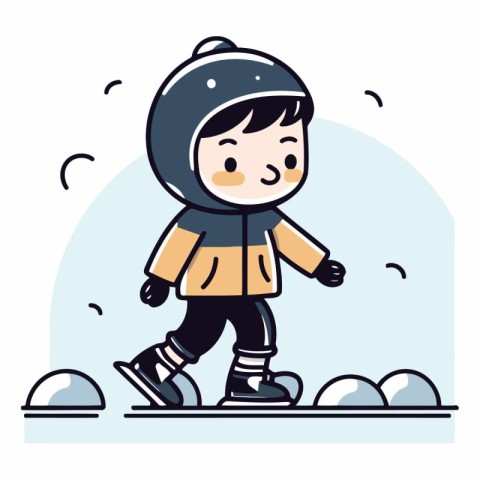 Little boy in winter clothes skating on ice skates.