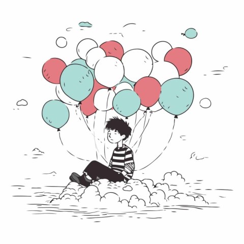 Cute little boy with balloons flying in the sky.