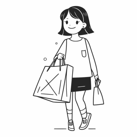 Cute little girl with shopping bags. Black and white vector illu