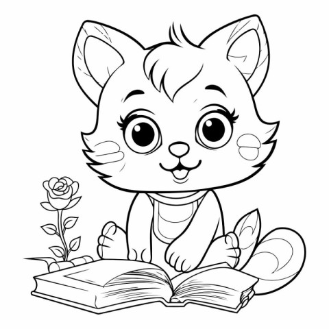 Coloring book for children: Cute fox reading a book.