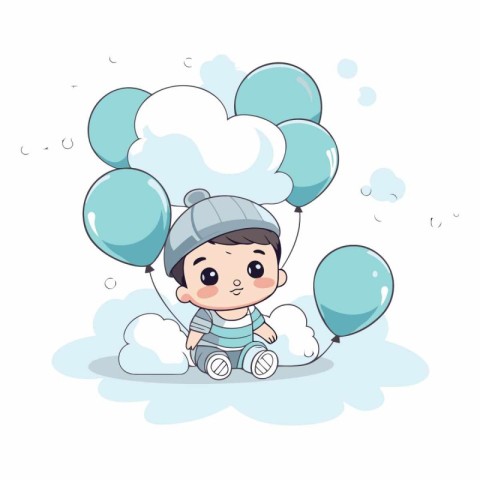 Cute baby boy sitting on cloud with balloons.