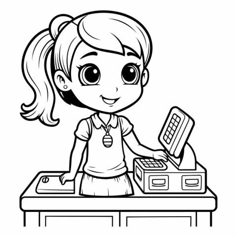 Black and White Cartoon Illustration of Cute Little Girl Using E