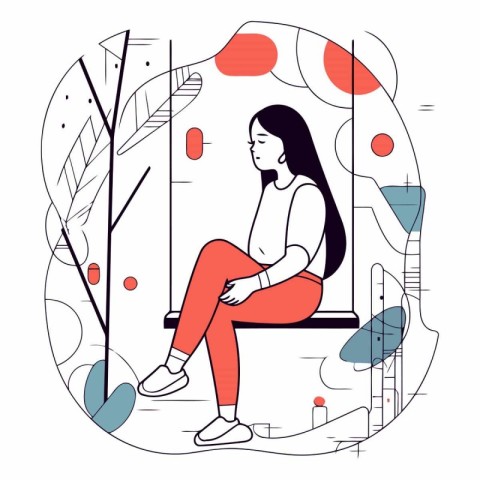 Vector illustration of a girl sitting in a bench in the park.