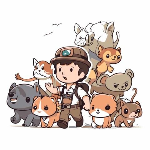 Cute cartoon vector illustration of a policeman with a group of