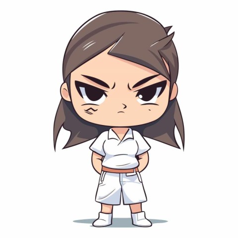 Angry little girl in sportswear. Cartoon vector illustration.