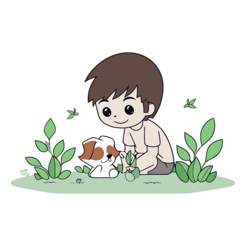 Boy playing with his dog in the garden of a boy playing with his