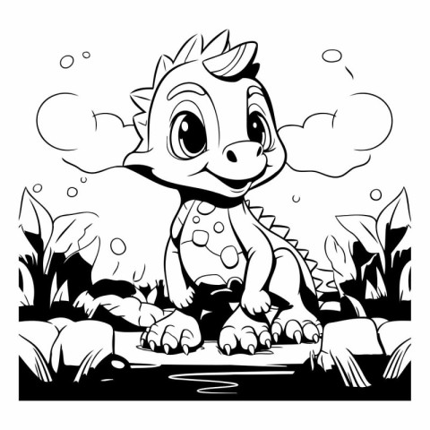 Cute little dinosaur in the garden for coloring book.