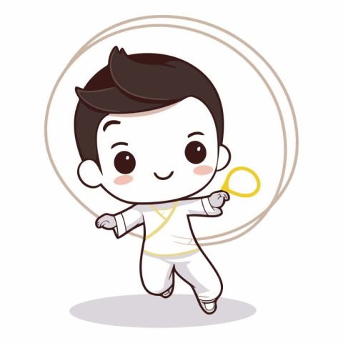 cute little boy with tennis racket cartoon vector illustration e