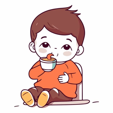 Cute little boy sitting and eating carrot. Vector cartoon illust