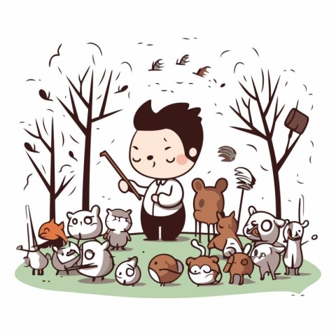 Cute boy playing with animals in the park.