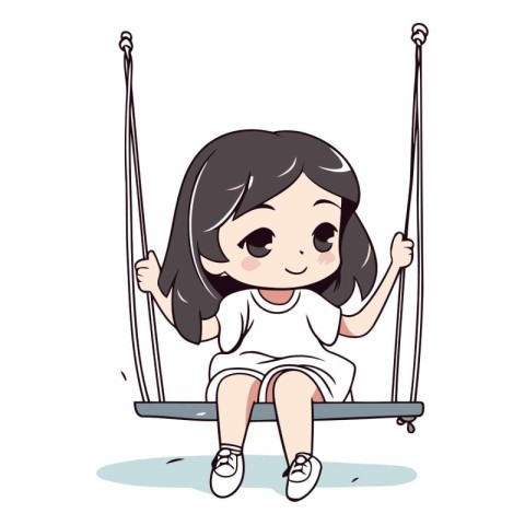 Cute little girl swinging on a swing in cartoon style.