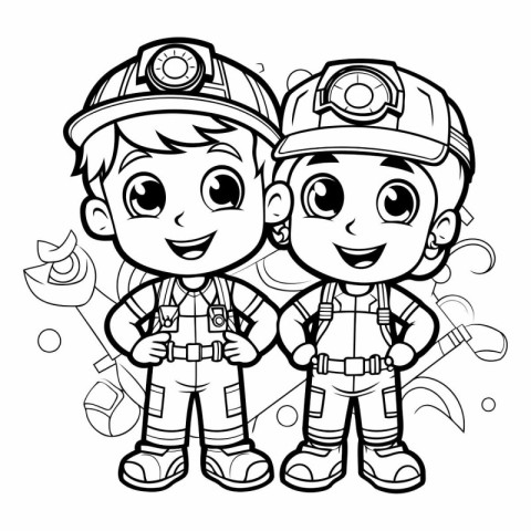 Black and White Cartoon Illustration of Kids with Fire Departmen