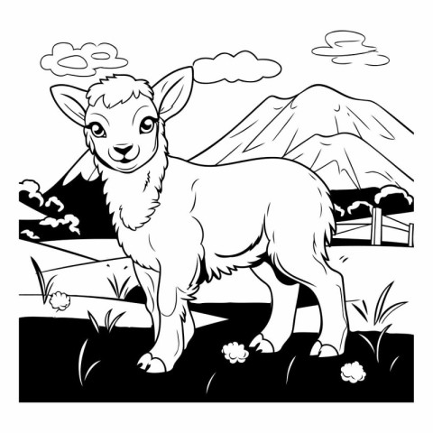 Vector image of a sheep on a meadow in the mountains.