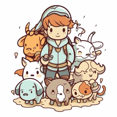 Illustration of a Kid Girl Surrounded by Her Cute Animals