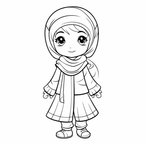 Cute little muslim girl in hijab for coloring book.