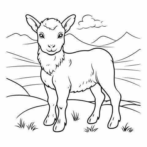 Vector image of a sheep on a background of mountains. Hand drawi