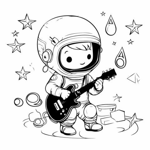 Astronaut playing the electric guitar. Cute cartoon vector illus