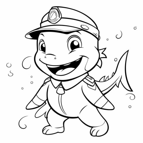 Black and White Cartoon Illustration of Cute Little Shark Mascot