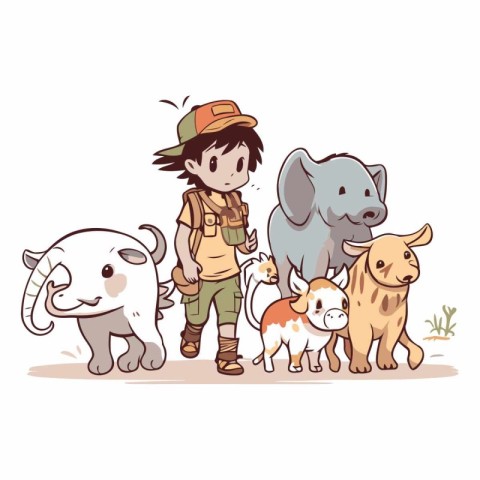 Cartoon illustration of a safari boy with his friends and animal