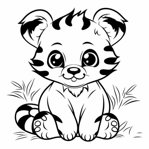 Cute baby tiger - black and white vector illustration for colori