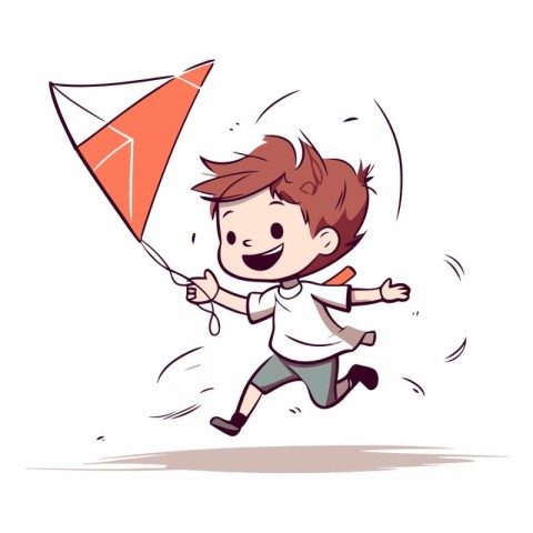 Cute boy running with a kite. Cartoon vector illustration.