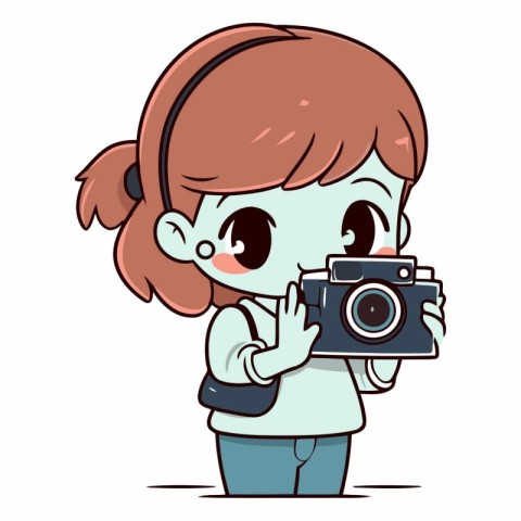 Cute girl taking photo with a vintage camera.